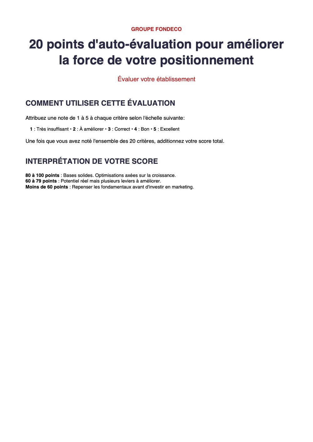 Couverture — 20 points d'auto-évaluation pour améliorer la force de votre positionnement